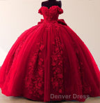Big Bow Floral Flower Lace Applique Off Shoulder Ball Gowns Quinceanera Dresses