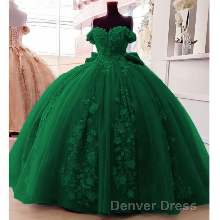 Big Bow Floral Flower Lace Applique Off Shoulder Ball Gowns Quinceanera Dresses