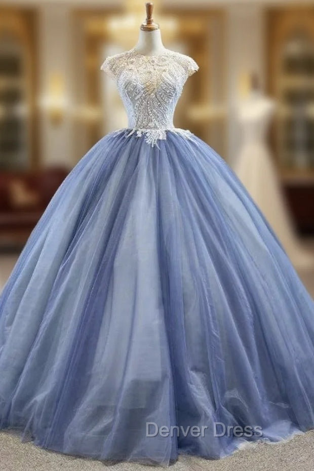 Biggest Sale Blue Ball Gown Tulle Cap Seeve Beading Long Prom Dresses Main image