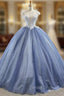 Biggest Sale Blue Ball Gown Tulle Cap Seeve Beading Long Prom Dresses