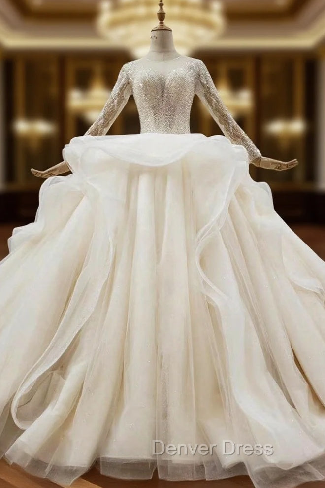 Biggest Sale Champagne Ball Gowns Tulle Beading Sequins Long Sleeve Wedding Dresses Main image