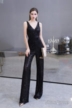 Shining V Neck Sequin Sleeveless Prom Jumpsuit
