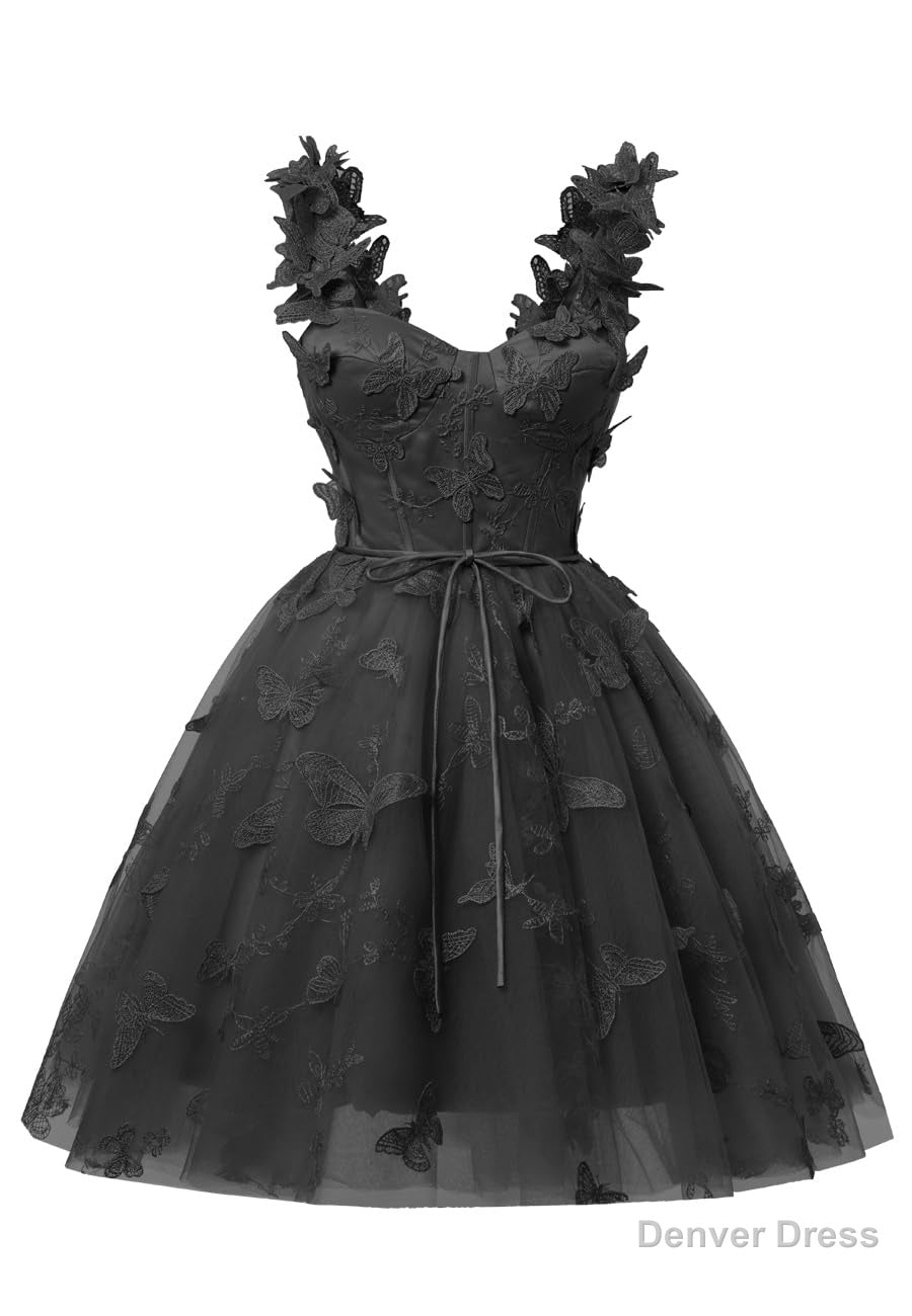 Black 3D Butterfly Lace Applique Tulle Homecoming Dress for Teens Sweetheart Mini Short Prom Dresses Main image
