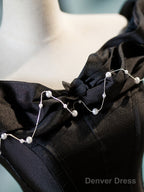 Black A-Line Floor Length Prom Dress With Pearl, Off The Shoulder Evening Party Dress