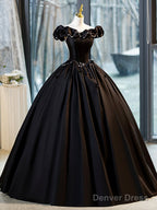 Black A-Line Floor Length Prom Dress With Pearl, Off The Shoulder Evening Party Dress