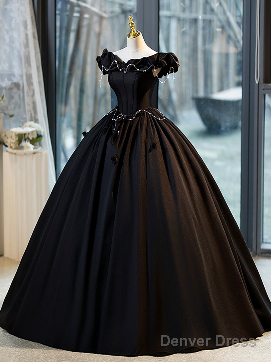 Black A-Line Floor Length Prom Dress With Pearl, Off The Shoulder Evening Party Dress Main image