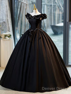 Black A-Line Floor Length Prom Dress With Pearl, Off The Shoulder Evening Party Dress