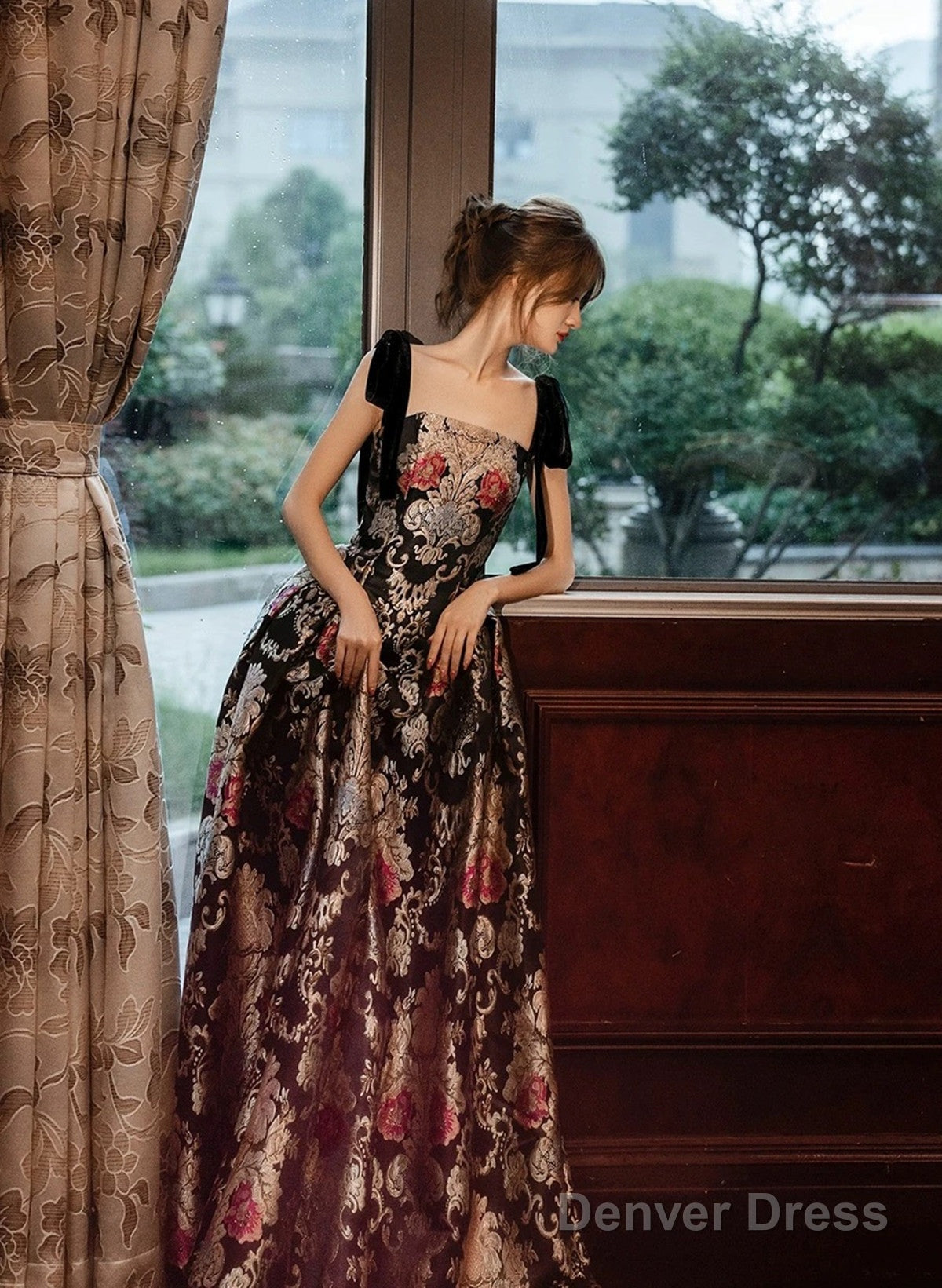 Black A-Line Floral Satin Straps Long Party Dress, Black Satin Prom Dress Secondary image