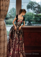 Black A-Line Floral Satin Straps Long Party Dress, Black Satin Prom Dress