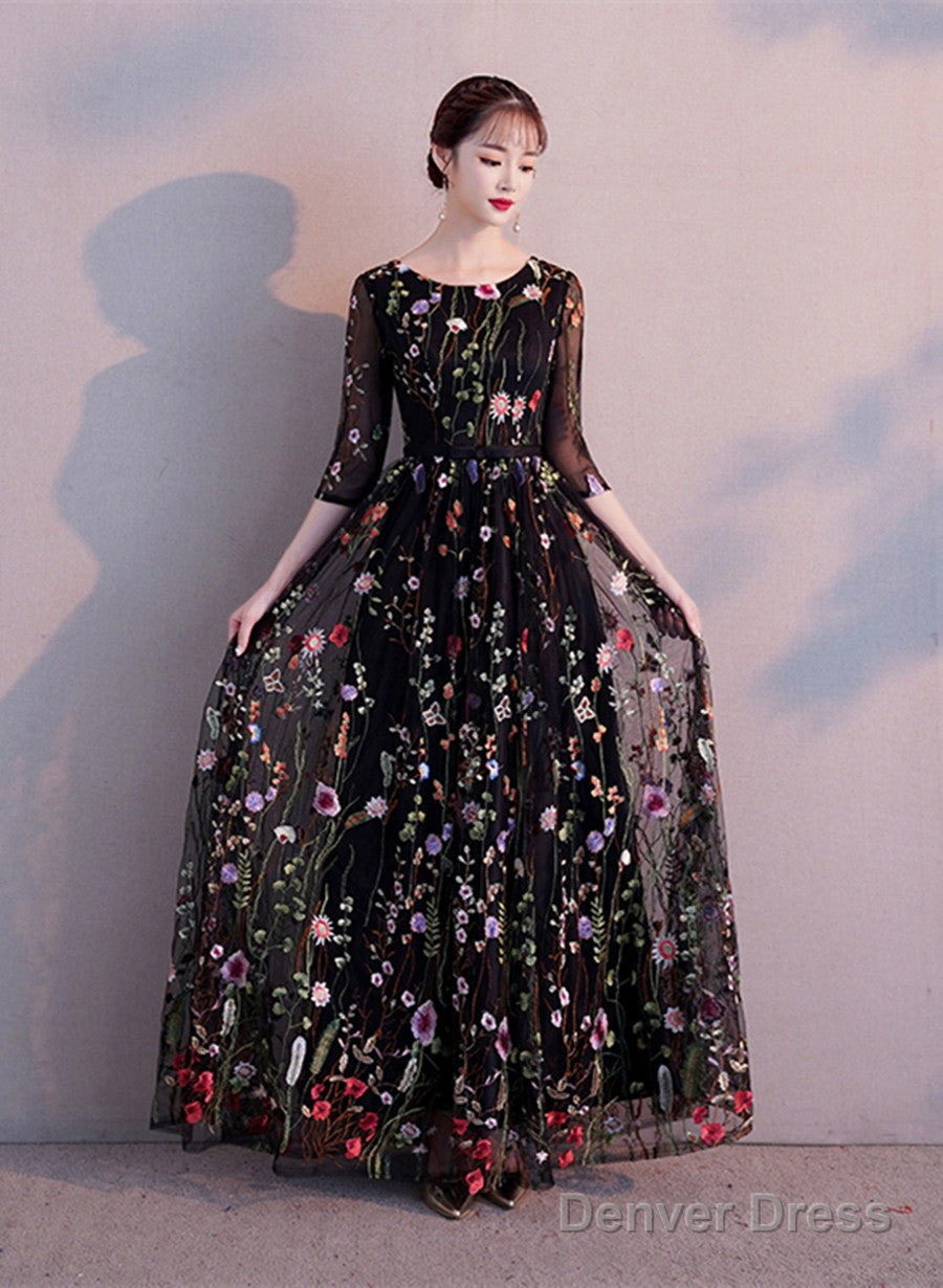 Black A-Line Floral Tulle Prom Dress Party Dress, Black Evening Formal Dress Secondary image