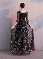 Black A-Line Floral Tulle Prom Dress Party Dress, Black Evening Formal Dress