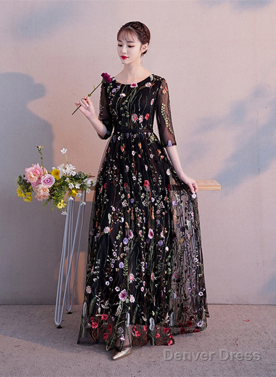 Black A-Line Floral Tulle Prom Dress Party Dress, Black Evening Formal Dress Main image