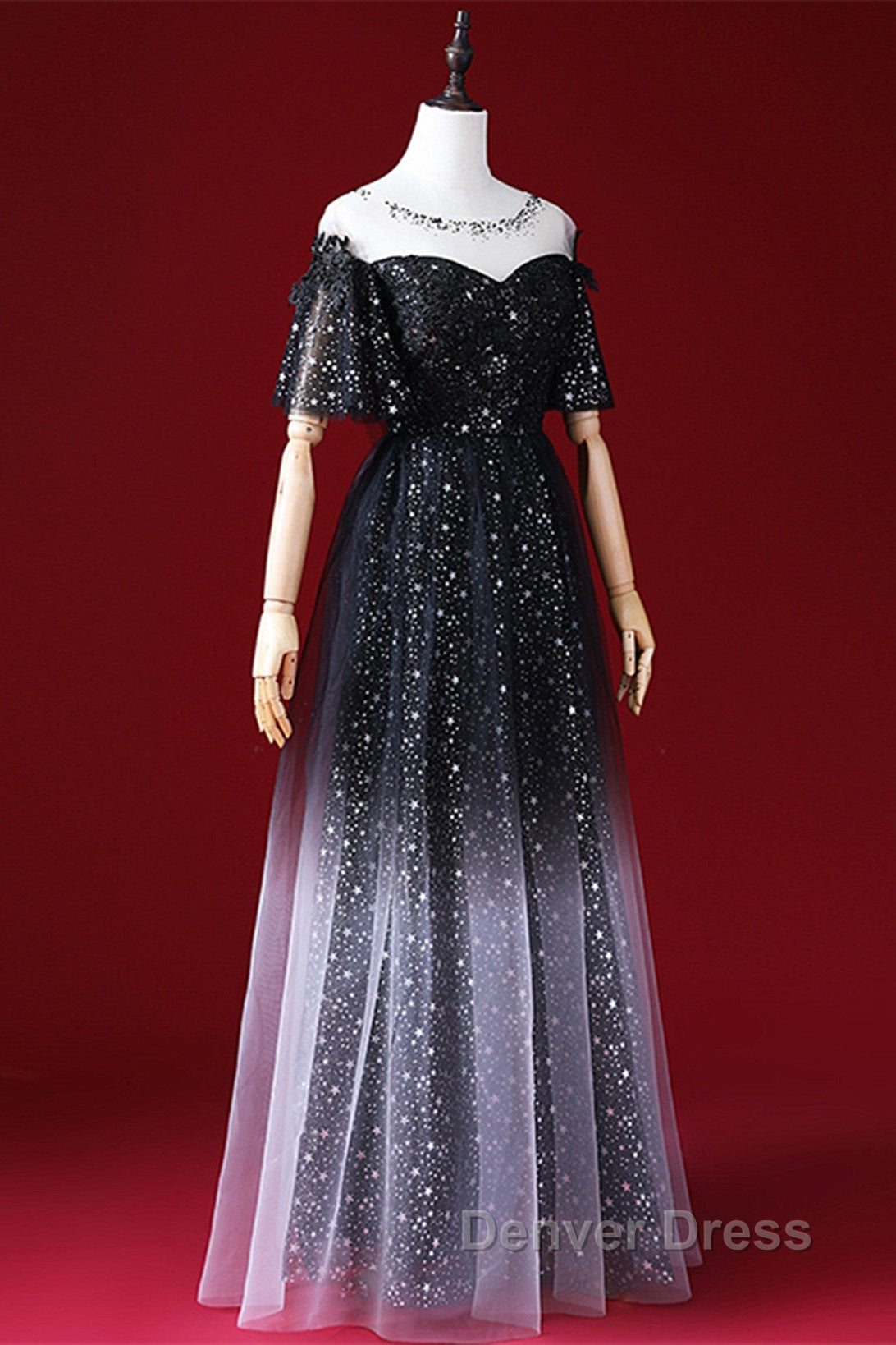 Black A-Line Gradient Tulle Short Sleeves Prom Dresses, Black Long Evening Dresses Secondary image