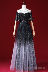 Black A-Line Gradient Tulle Short Sleeves Prom Dress, Black Long Evening Dress