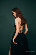 A Line Lace Appliques Long Prom Dresses