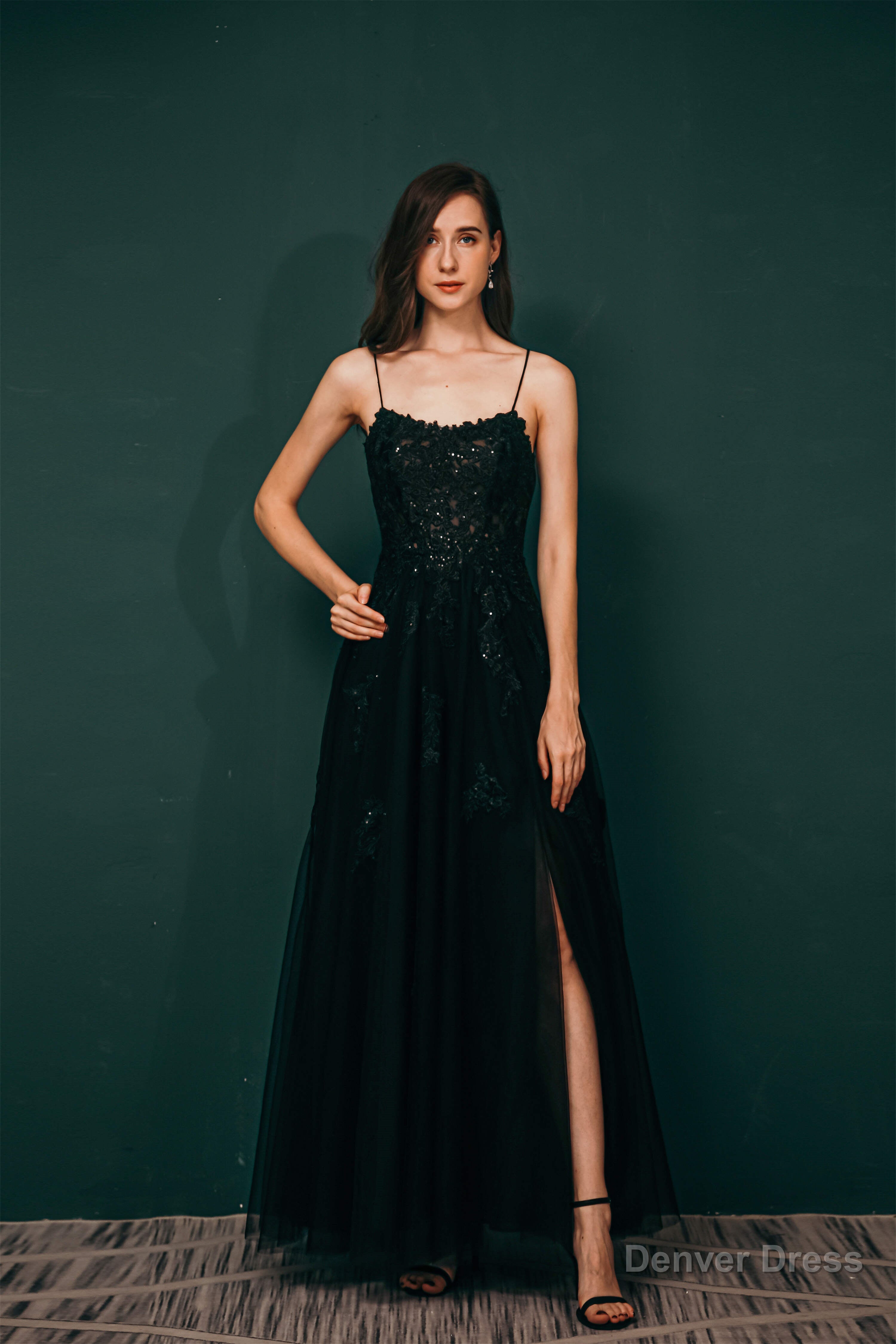 A Line Lace Appliques Long Prom Dresses