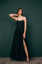 A Line Lace Appliques Long Prom Dresses