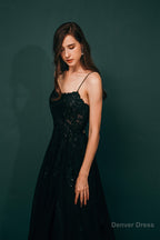 A Line Lace Appliques Long Prom Dresses