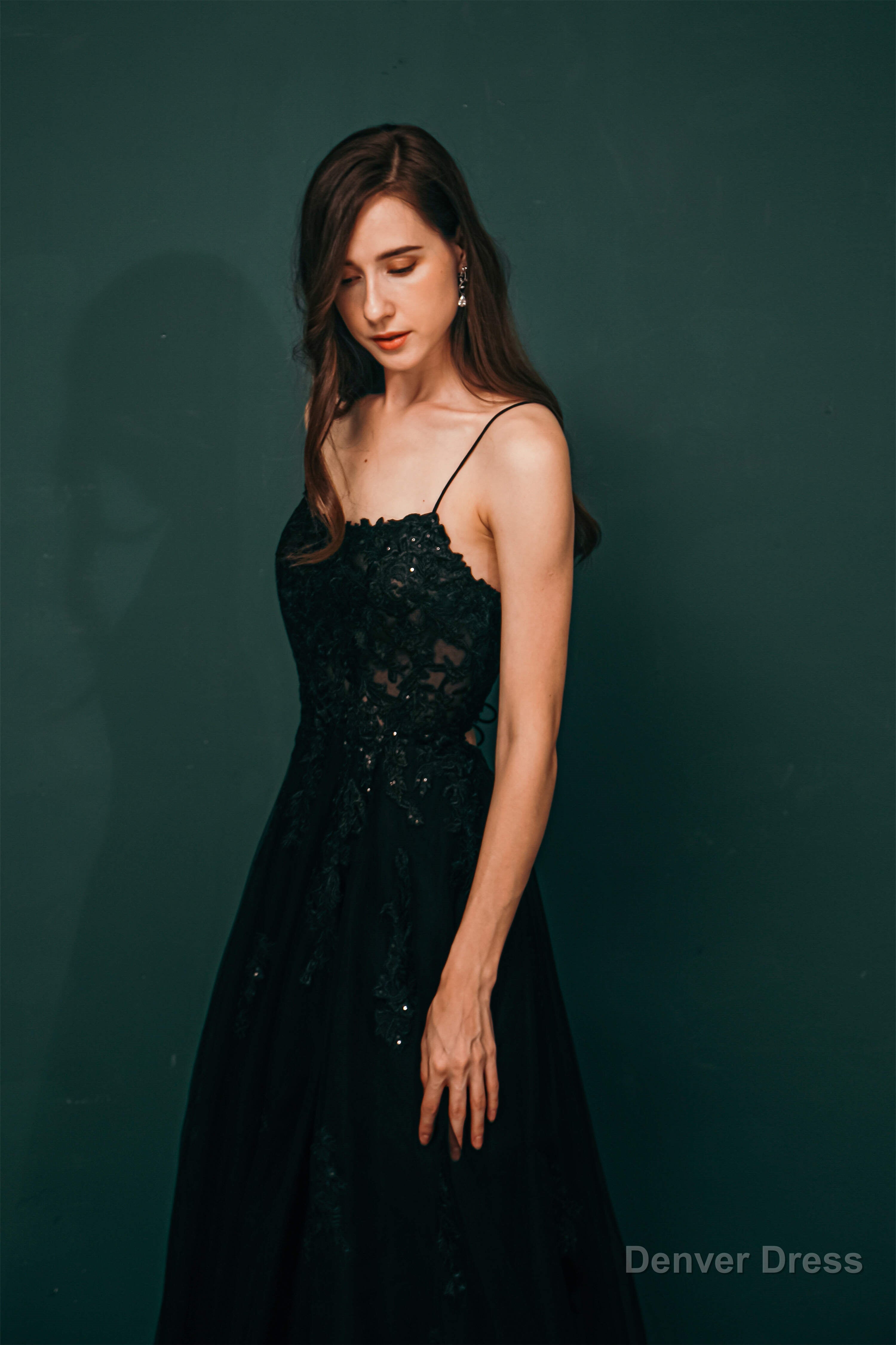 A Line Lace Appliques Long Prom Dresses
