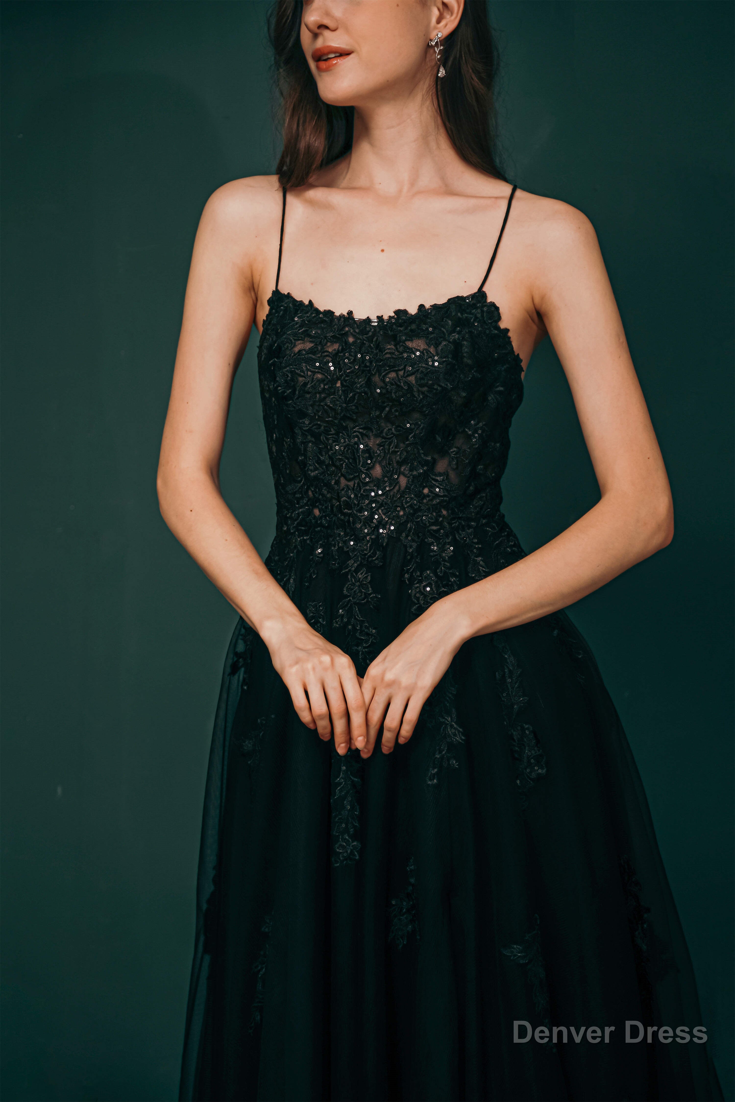 A Line Lace Appliques Long Prom Dresses
