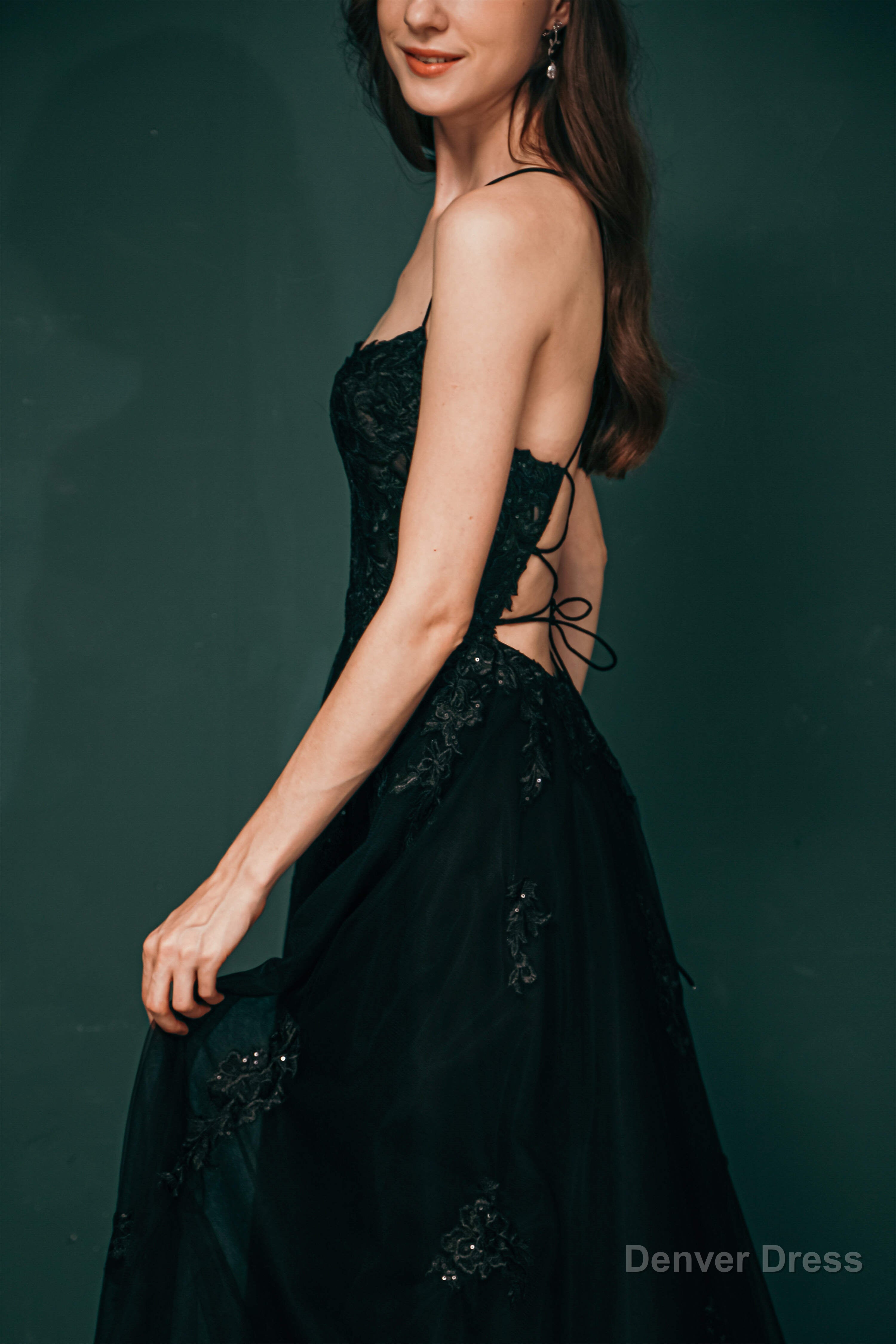 A Line Lace Appliques Long Prom Dresses