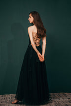 A Line Lace Appliques Long Prom Dresses