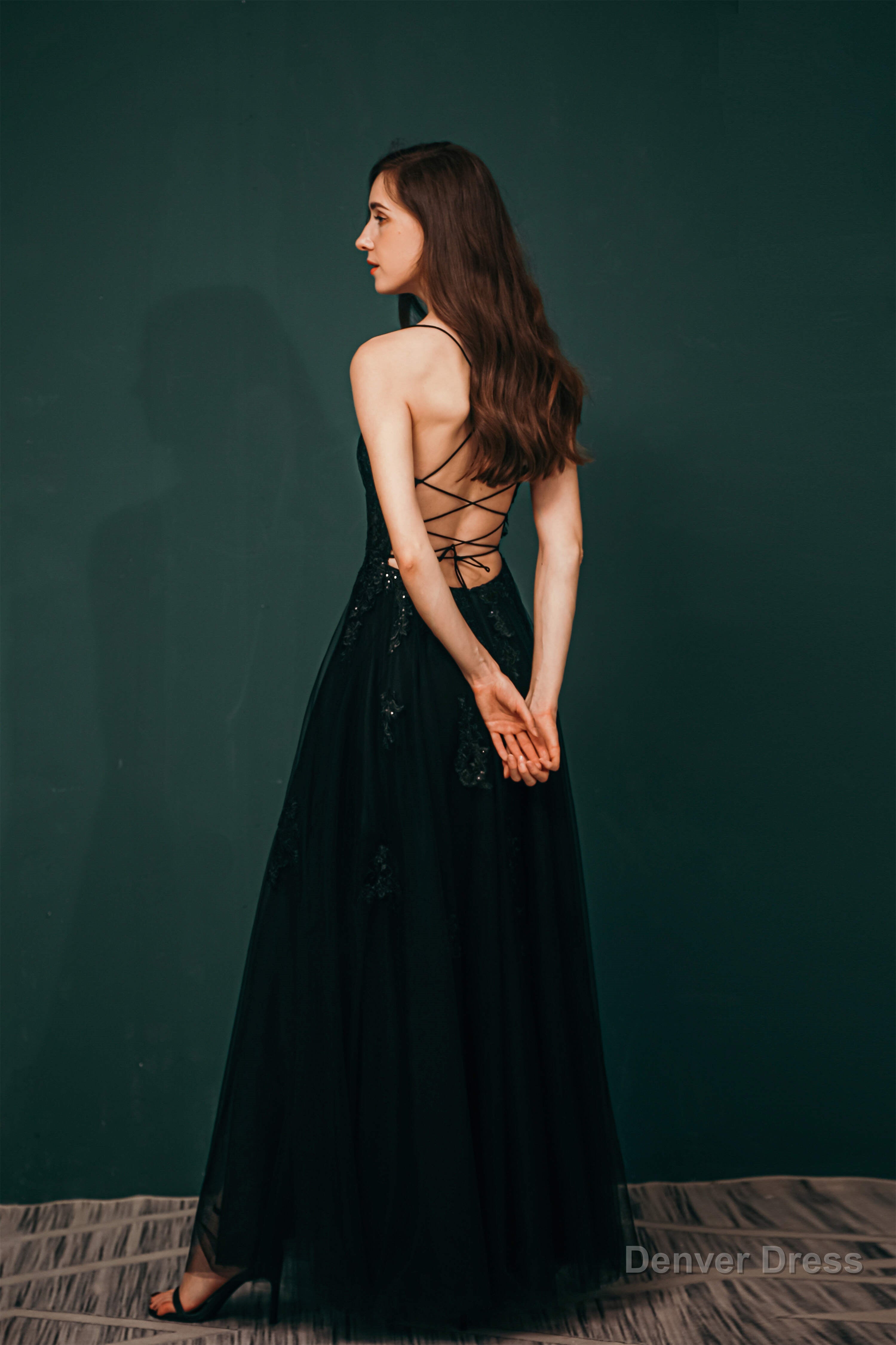 A Line Lace Appliques Long Prom Dresses