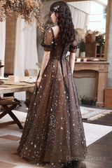 Black A-Line Lace Long Prom Dresses, Black Tulle Formal Evening Dress