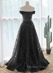 Black A-Line Lace Off Shoulder Tulle With Lace Prom Dresses, Black Long Evening Dresses