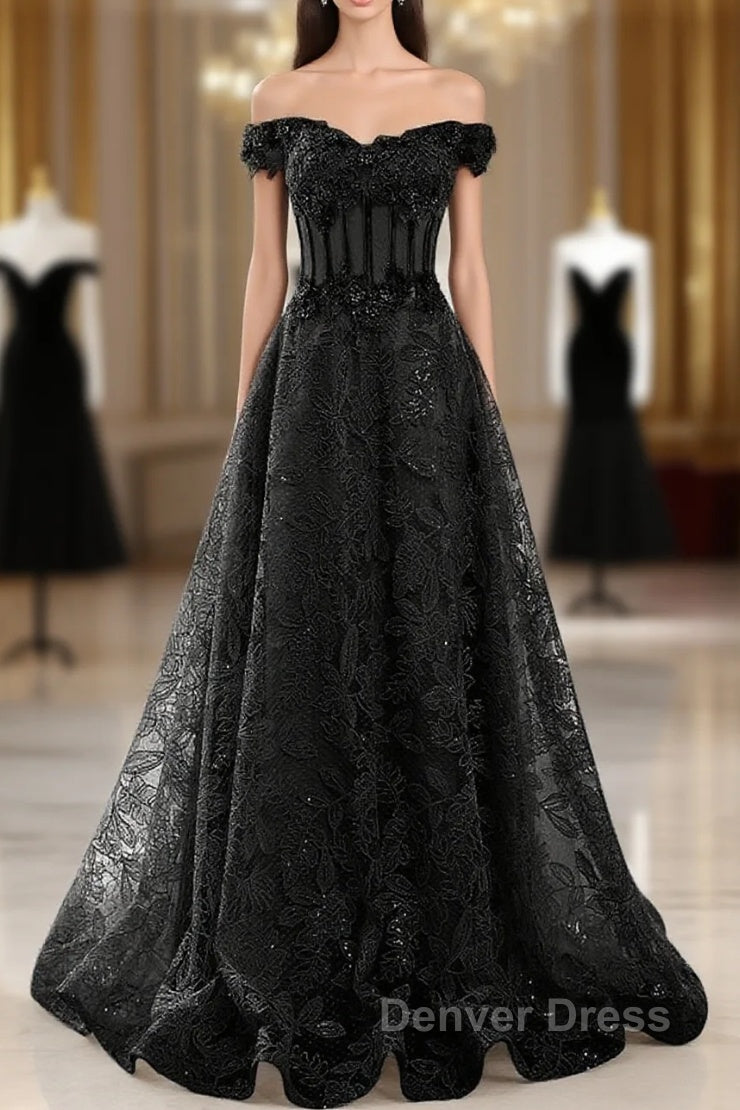 Black A-Line Lace Off Shoulder Tulle With Lace Prom Dresses, Black Long Evening Dresses Main image