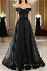Black A-Line Lace Off Shoulder Tulle With Lace Prom Dresses, Black Long Evening Dresses