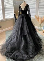 Black A Line Long Lace Sleeves Tulle Prom Dress, Black Prom Dress