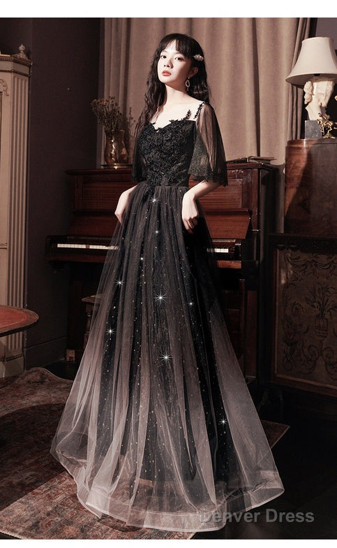 Black A-Line Long Party Dress With Lace, Black Floor Length Prom Dress Formal Dress
