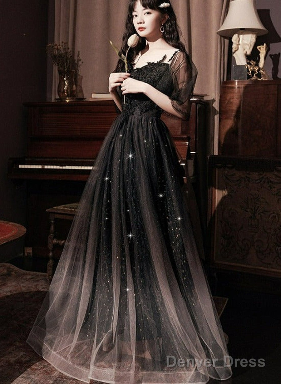 Black A-Line Long Party Dress With Lace, Black Floor Length Prom Dress Formal Dress Main image