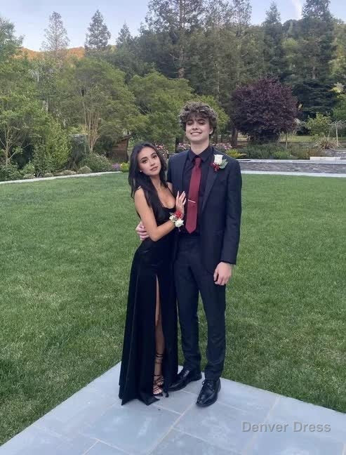 Black A Line Long Prom Dress Velvet Formal Party Dress With Slit Secondary image