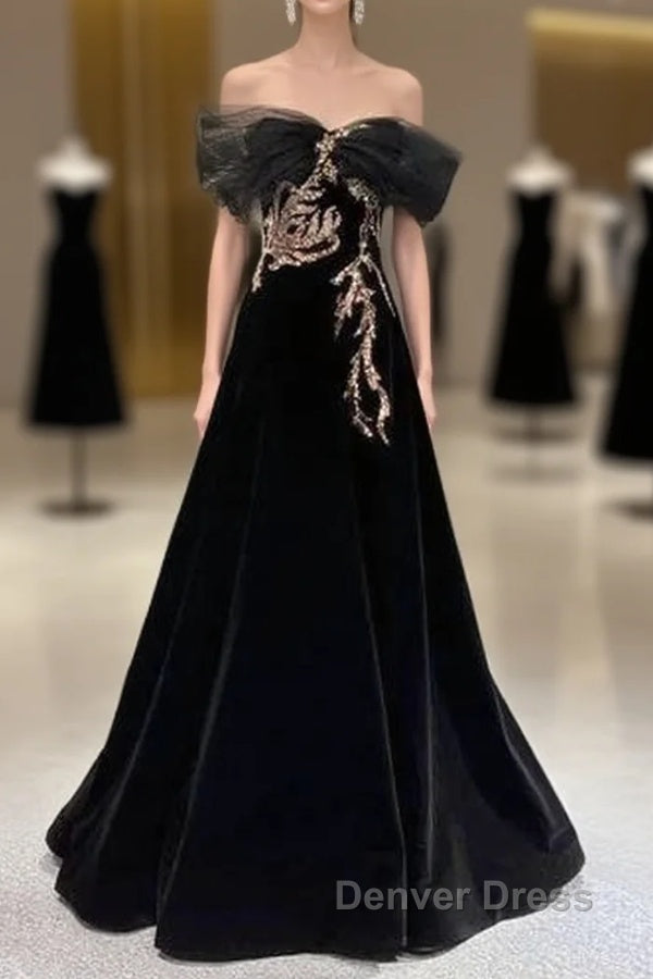 Black A-Line Off Shoulder Tulle Velvet Long Prom Dresses,Sequin Formal Evening Dresses Main image