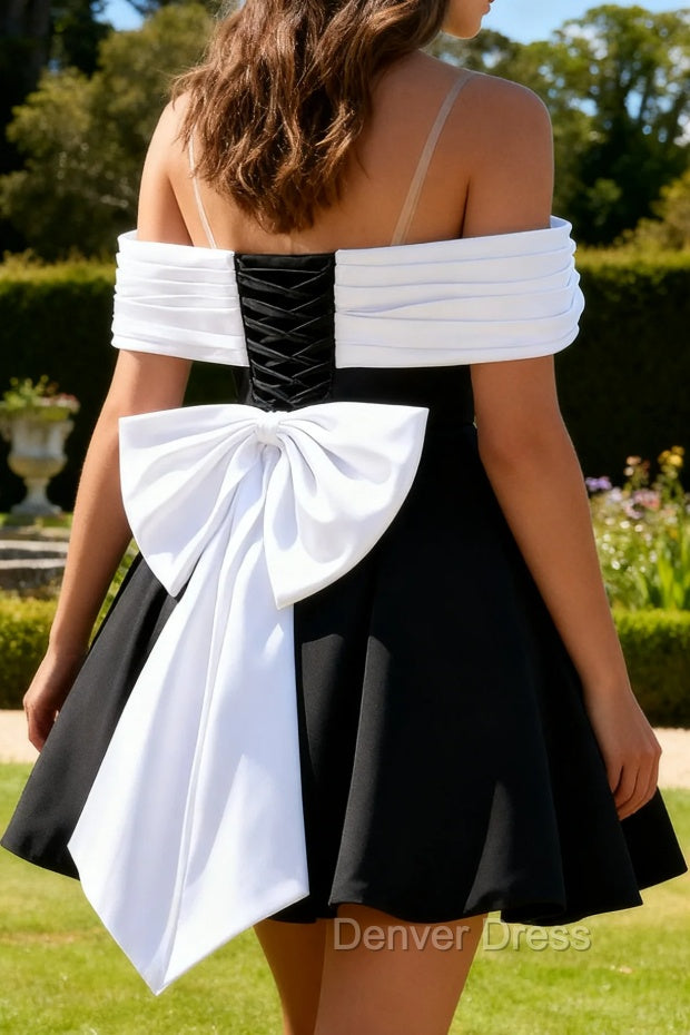 Black A-Line Off The Shoulder Short Homecoming Dress with Bow