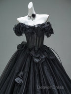 Black A-Line Off-The-Shoulder Tulle 3D Applique Long Prom Dresses,Adult Ceremony Graduation Prom Dresses