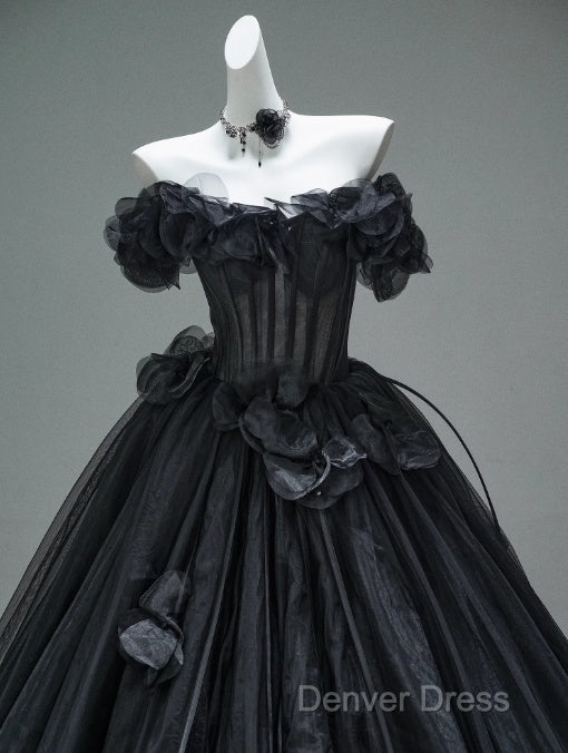 Black A-Line Off-The-Shoulder Tulle 3D Applique Long Prom Dresses,Adult Ceremony Graduation Prom Dresses