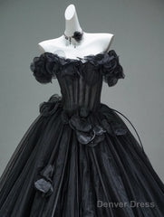 Black A-Line Off-The-Shoulder Tulle 3D Applique Long Prom Dress,Adult Ceremony Graduation Prom Dress