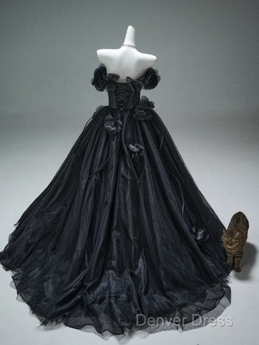 Black A-Line Off-The-Shoulder Tulle 3D Applique Long Prom Dresses,Adult Ceremony Graduation Prom Dresses