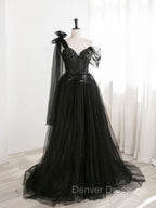 Black A Line one Shoulder Tulle Long Prom Dress, Black Tulle Prom Dresses