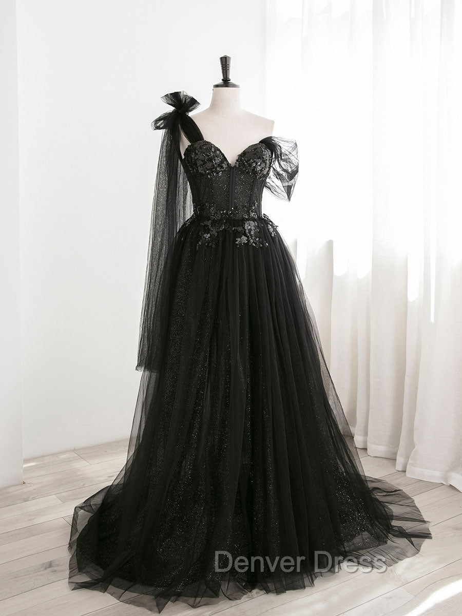 Black A Line one Shoulder Tulle Long Prom Dress, Black Tulle Prom Dresses