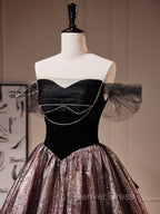 Black A-Line Satin Tulle Long Prom Dresses, Black Formal Black Evening Dresses