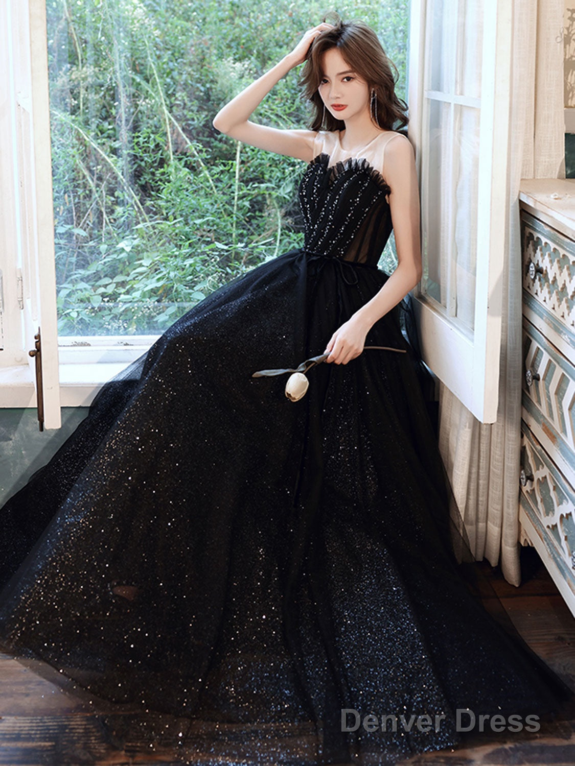 Black A Line Sequin Long Prom Dress, Black Evening Dress