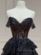 Black A Line Sequin Tulle Short Prom Dress, Black Homecoming Dresses