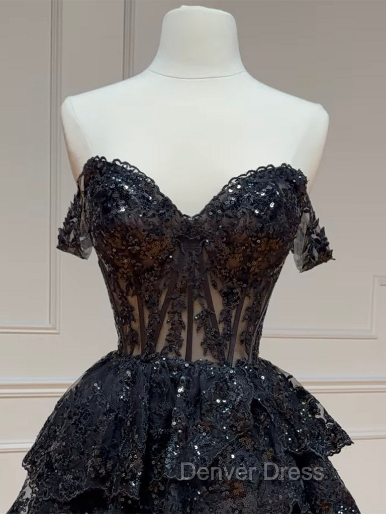 Black A Line Sequin Tulle Short Prom Dress, Black Homecoming Dresses