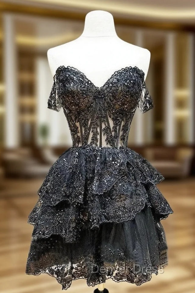 Black A-Line Sequin Tulle Short Prom Dresses, Black Homecoming Dresses Main image