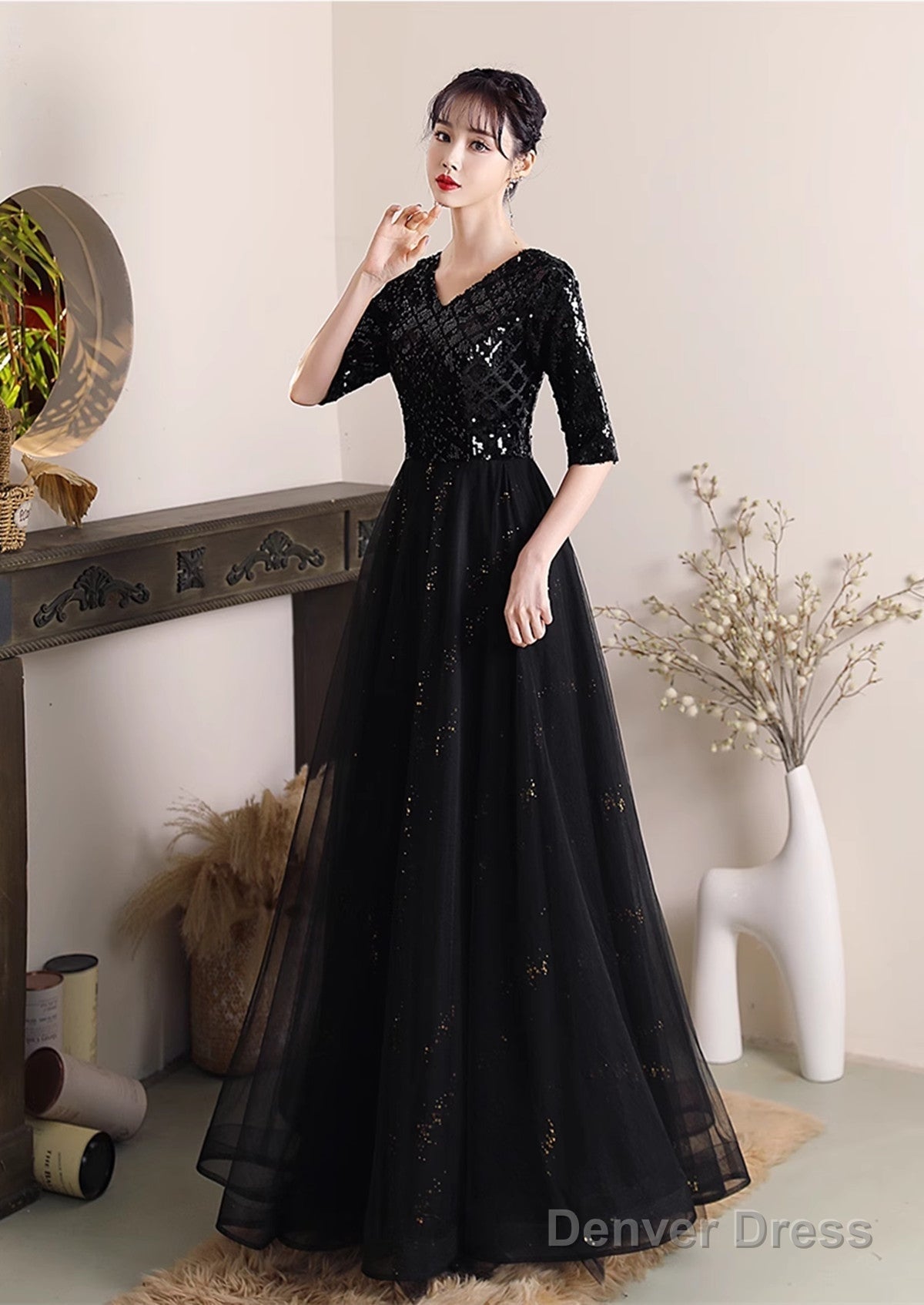 Black A-Line Sequins And Tulle Long Formal Dress, Black Wedding Party Dress
