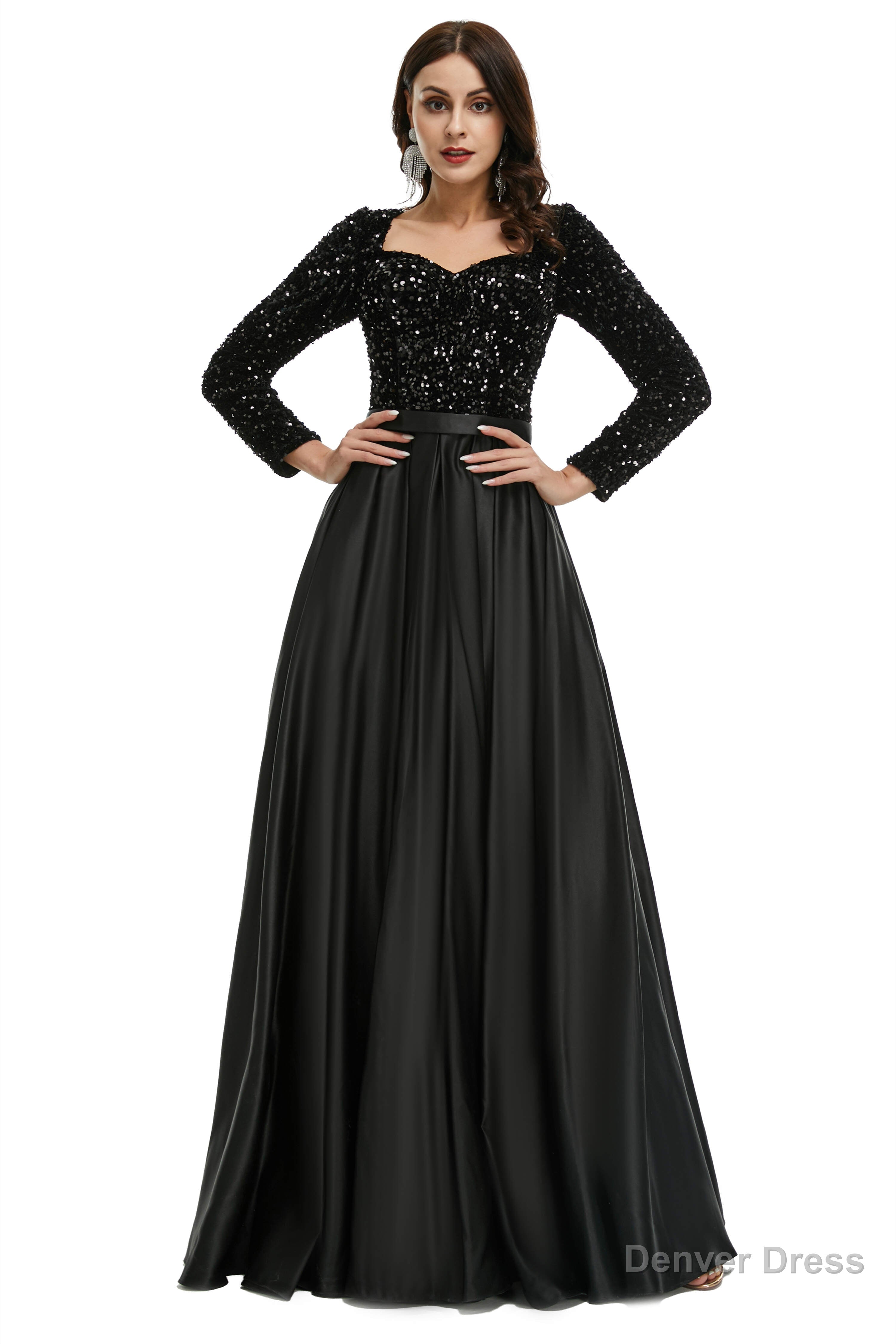A Line Sequins Sweet Neck Long Sleeve Prom Dresses Main image